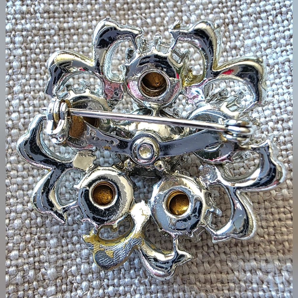 Vintage Coro Signed Brooch Silver Tone Floral Rhinestone - Picture 2 of 4